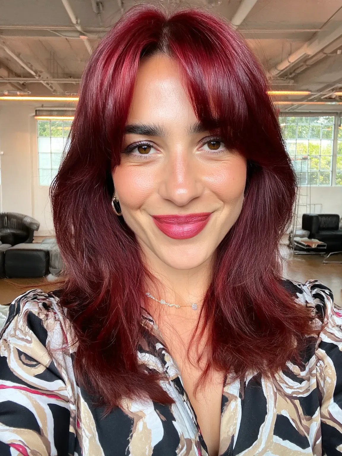 Medium-Length Cranberry Red with Curtain Bangs